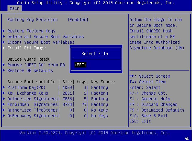 image:This figure shows the Select File dialog within the
                                        Enroll Efi Image settings Menu.