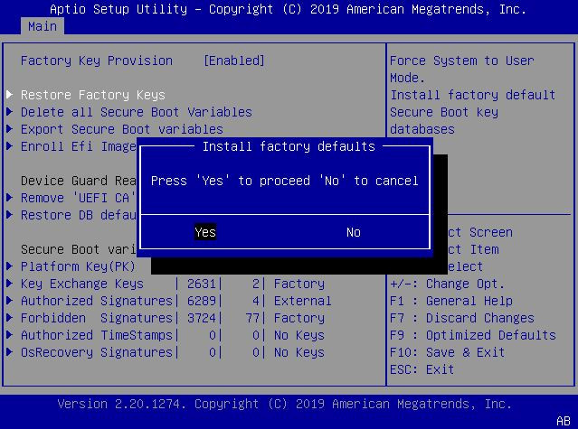image:This figure shows the Install Factory Default keys
                                        screen within the Security settings Menu.
