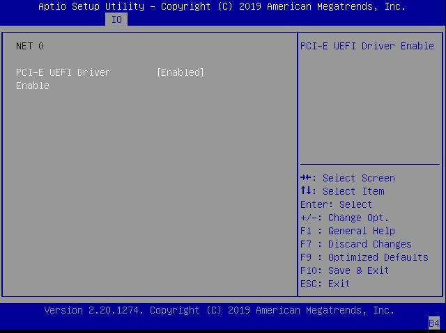 image:This figure shows the BIOS PCI-E UEFI Driver Enable settings on                                 the IO Menu.