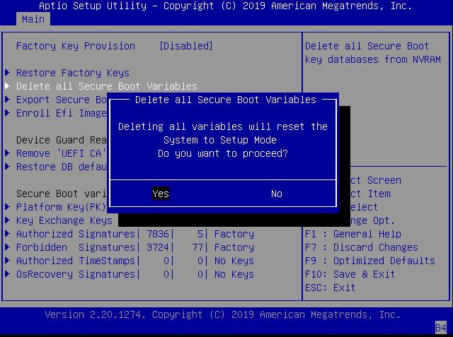 image:This figure shows the Delete all Secure Boot Variables                                         screen on the Security settings Menu.