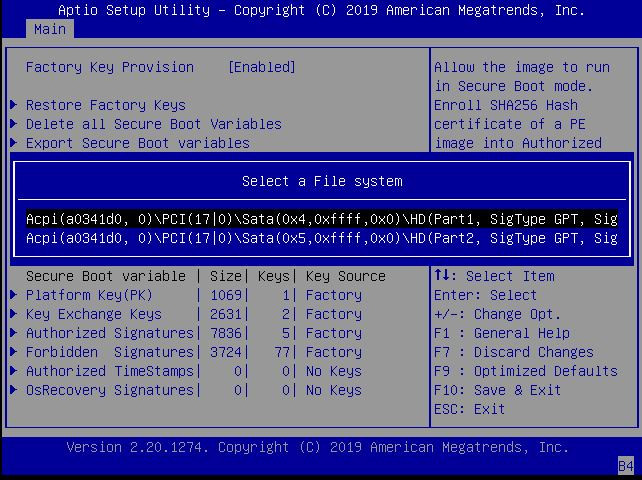 image:This figure shows the Select a File system dialog box on the                                 Enroll Efi Image settings Menu.