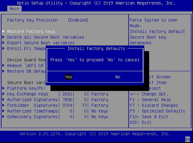 image:This figure shows the Install Factory Default keys                                         screen on the Security settings Menu.