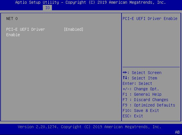 This figure shows the BIOS PCI-E UEFI Driver Enable settings within the IO Menu.