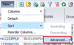 View menu with Sort and then Advanced... selected.