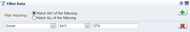Filter Data dialog showing Owner, Isn't, STA