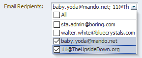 Email Recipients drop-down with two emails selected.