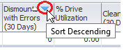 Dismounts with Errors column with Sort Descending noted