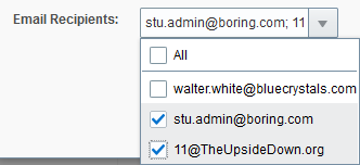 Email Recipients drop-down with two emails selected.