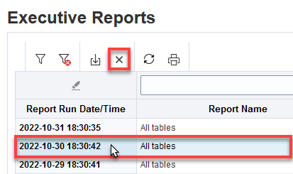 Exec Reports page with row selected and Delete icon noted.