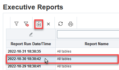Exec Reports page with row selected and Export icon noted.