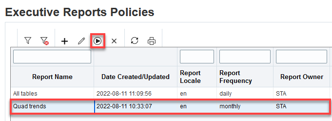 Exec Report Policy page with row selected and Run icon noted