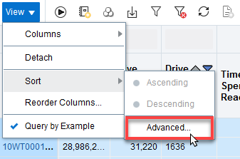View drop-down with Sort expanded and Advanced selected