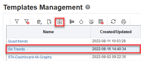 Templates page with row selected and Export icon noted