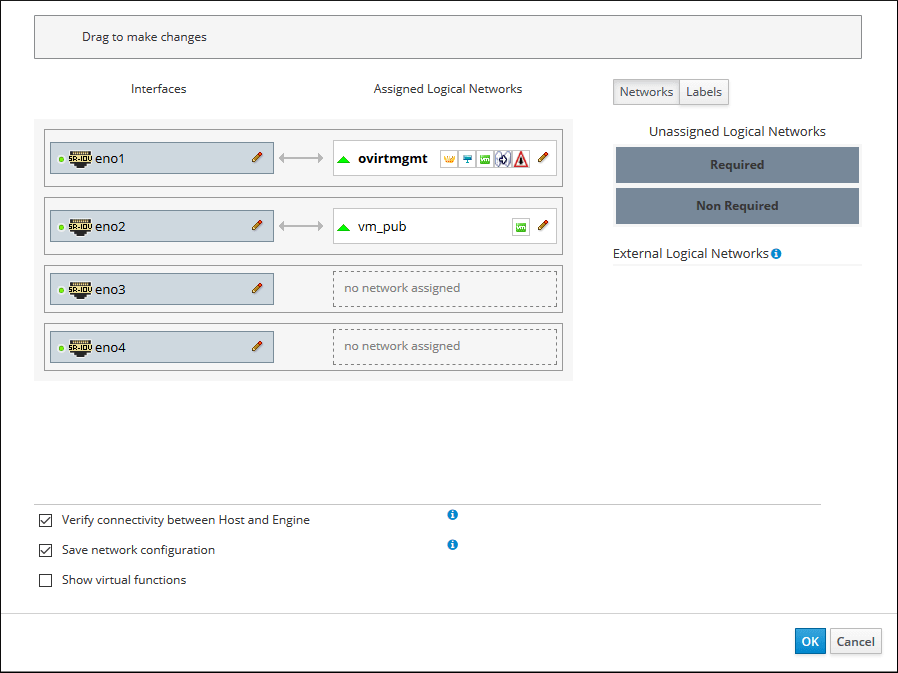 The Setup Host Networks dialog box after the example logical network has been assigned to a network interface, as described in the preceding text.