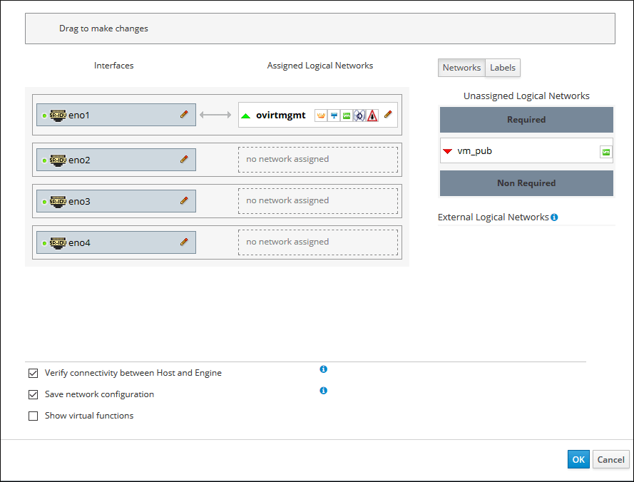 The Setup Host Networks dialog box for an example host, as described in the preceding text.