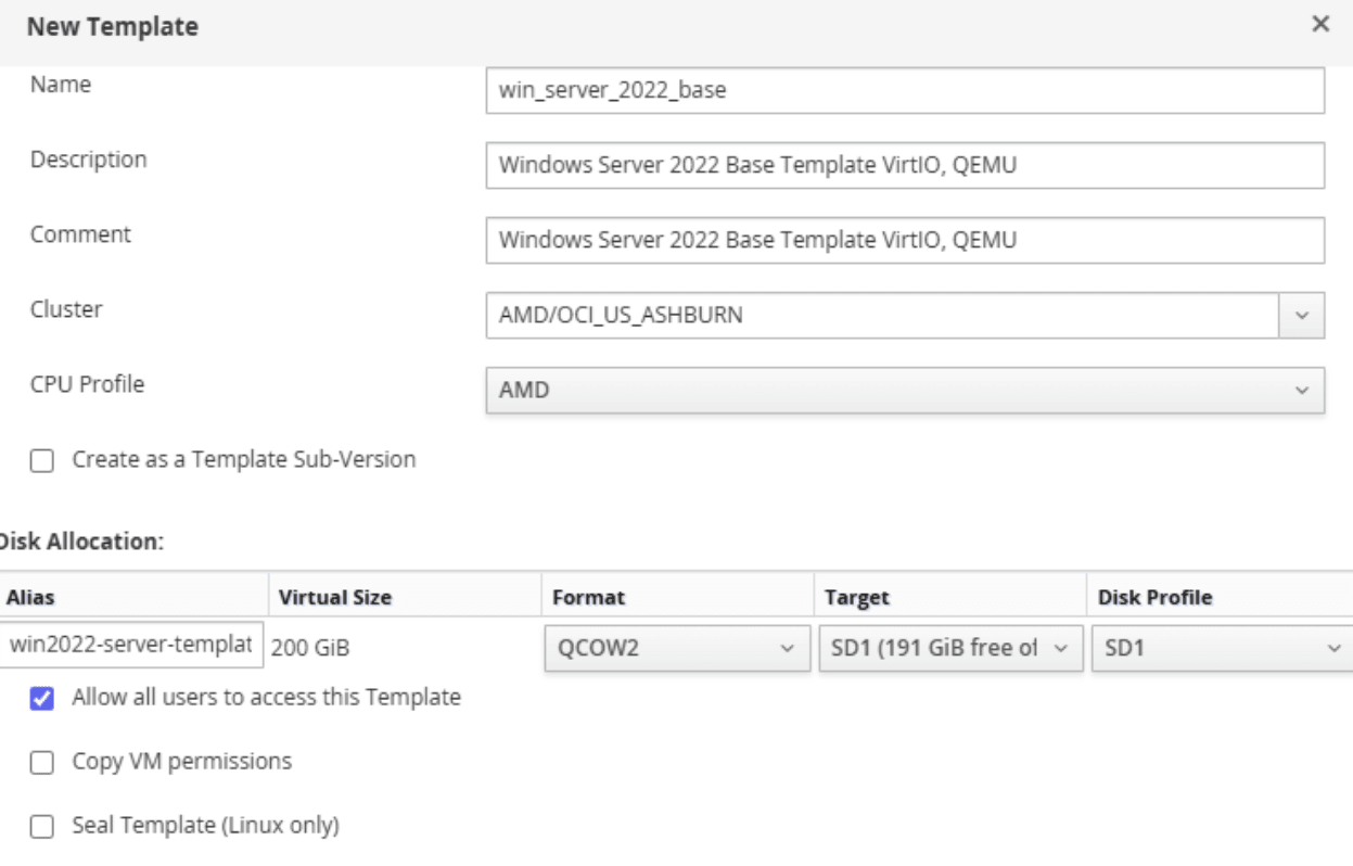 The New Template dialog box completed for a new template, as described in the preceding text.
