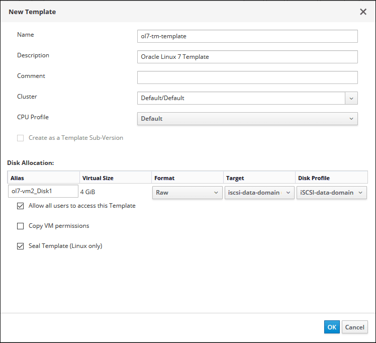 The New Template dialog box completed for a new template, as described in the preceding text.