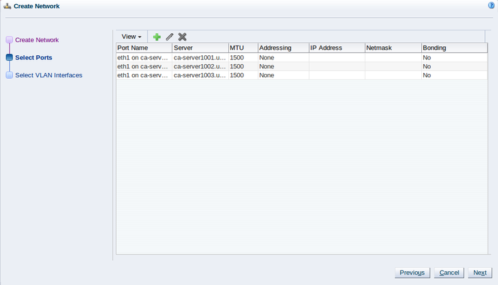 This figure shows the Select Ports step where you add the ports to your network.