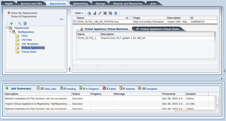 This figure shows the imported virtual appliance in the Virtual Appliances folder in the Repositories tab.