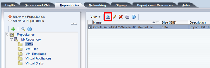 This figure shows the Import ISO icon in the Repositories tab.