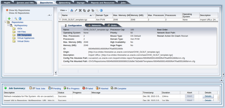 This figure shows the imported virtual machine template in the VM Templates folder in the Repositories tab.