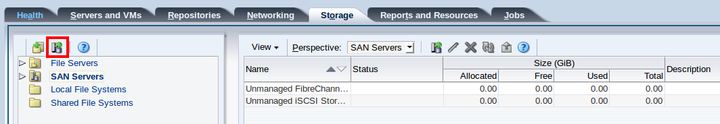 This figure shows the Discover SAN Server icon in the Storage tab.