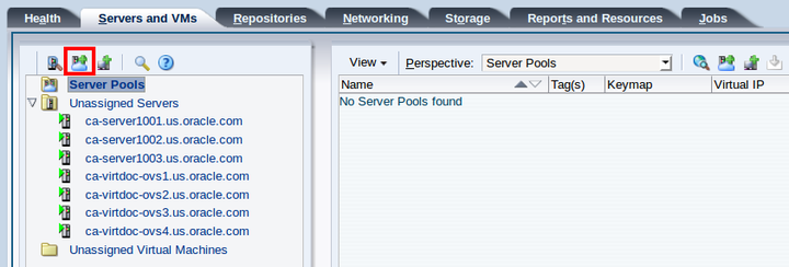 This figure shows the Create Server Pool icon in the Servers and VMs tab.