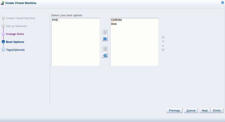 This figure shows the Boot Options step in the Create Virtual Machine wizard.