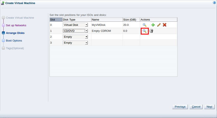 This figure shows the Arrange Disks step in the Create Virtual Machine wizard.