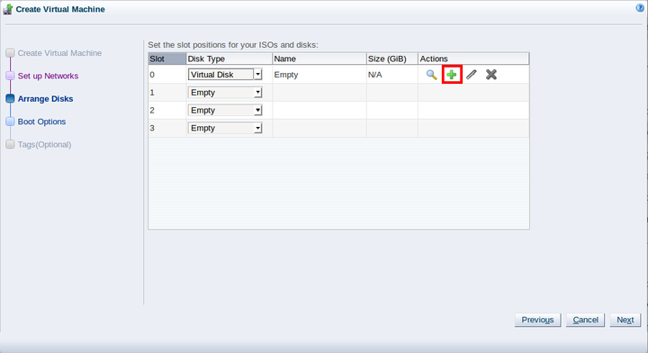This figure shows the Arrange Disks step in the Create Virtual Machine wizard.