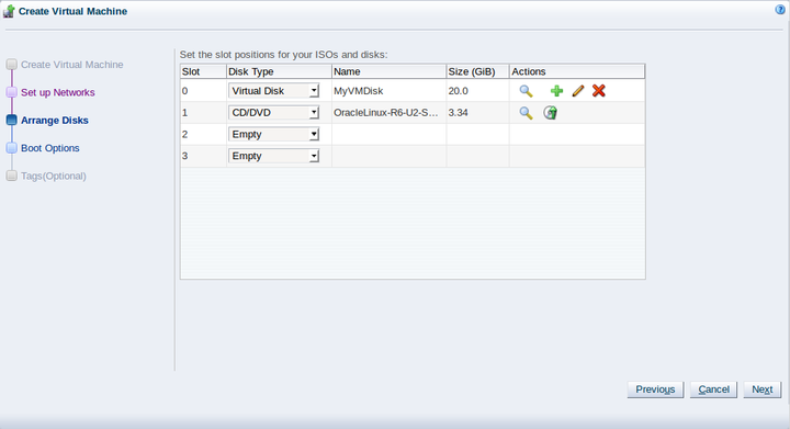 This figure shows the Arrange Disks step in the Create Virtual Machine wizard.