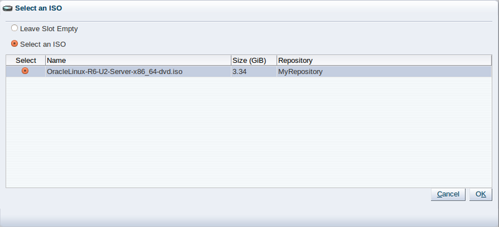 This figure shows the Select an ISO dialog box in the Create Virtual Machine wizard.