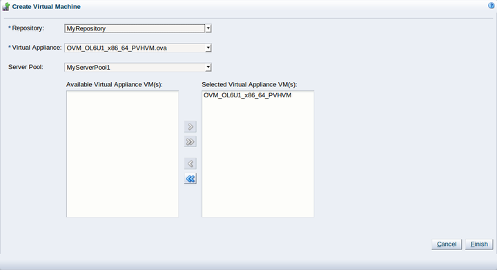 This figure shows details for creating a virtual machine from a virtual appliance in the Create Virtual Machine dialog box.