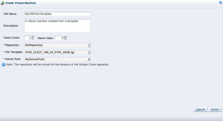 This figure shows details for creating a virtual machine from a template in the Create Virtual Machine dialog box.