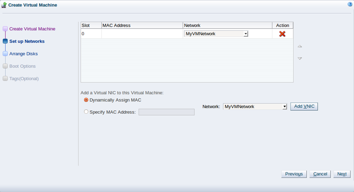 This figure shows the Setup Networks step in the Create Virtual Machine wizard.