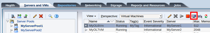 This figure shows the Launch Console icon in the Virtual Machines perspective in the Servers and VMs tab.
