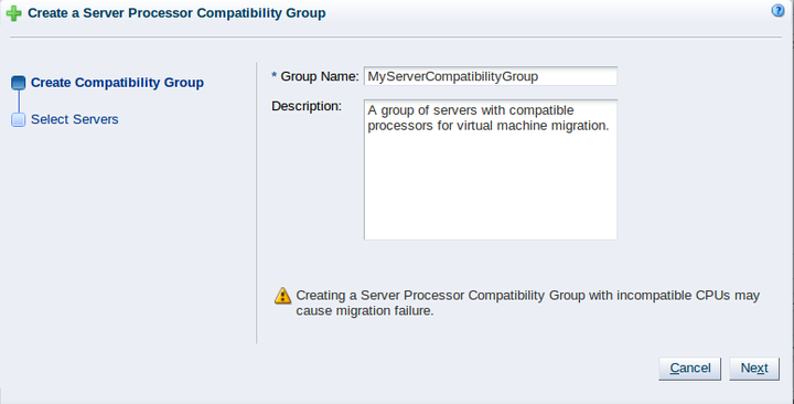 This figure shows the Create Compatibility Group step of the Create a Server Processor Compatibility Group wizard.