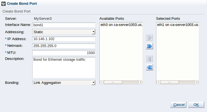 This figure shows the Create Bond Port dialog box.