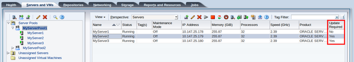 This figure shows the Servers perspective showing the Update Required column displaying an Oracle VM Server that can be upgraded.