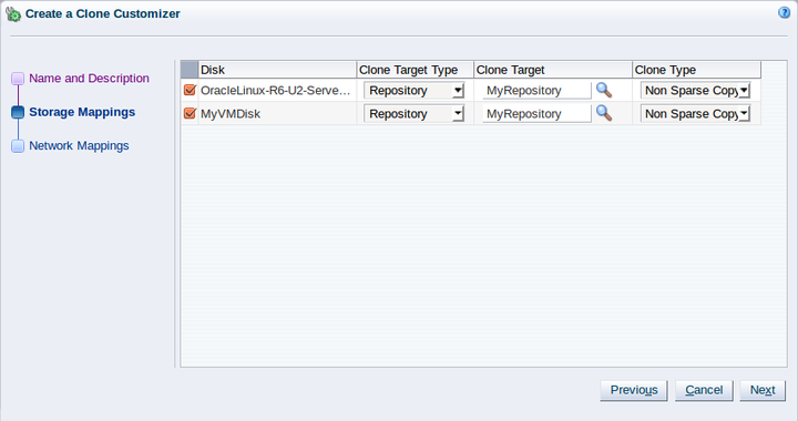 This figure shows the Storage Mappings step of the Create a Clone Customizer wizard.