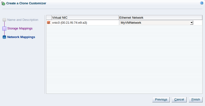 This figure shows the Network Mappings step of the Create a Clone Customizer wizard.