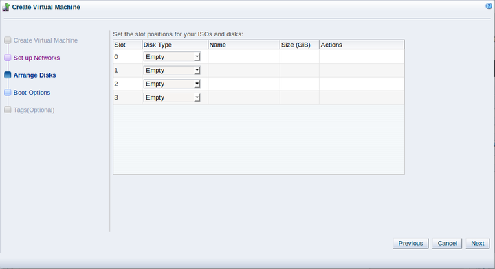 This figure shows the Arrange Disks step in the Create Virtual Machine wizard.