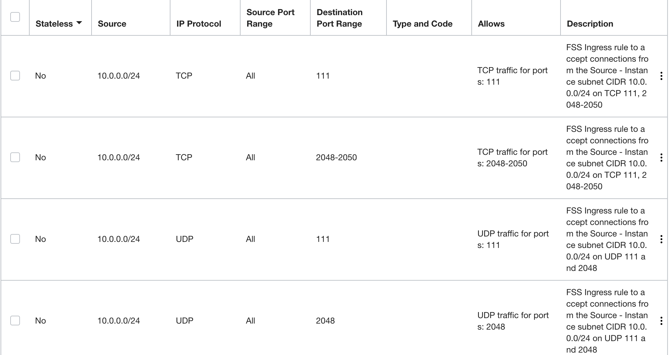 Click to expand This image shows ingress rules for the mount target subnet or NSG in scenario A.