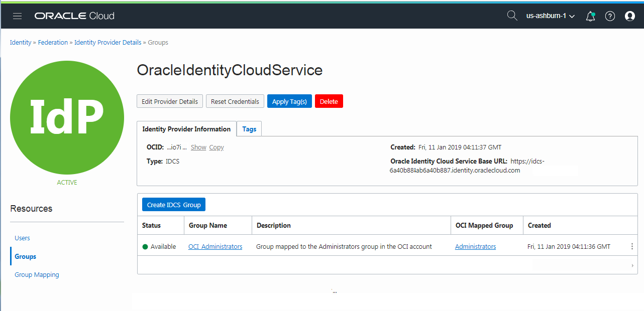 Click to expand This screenshot shows the Oracle Identity Cloud Service Federation Details page