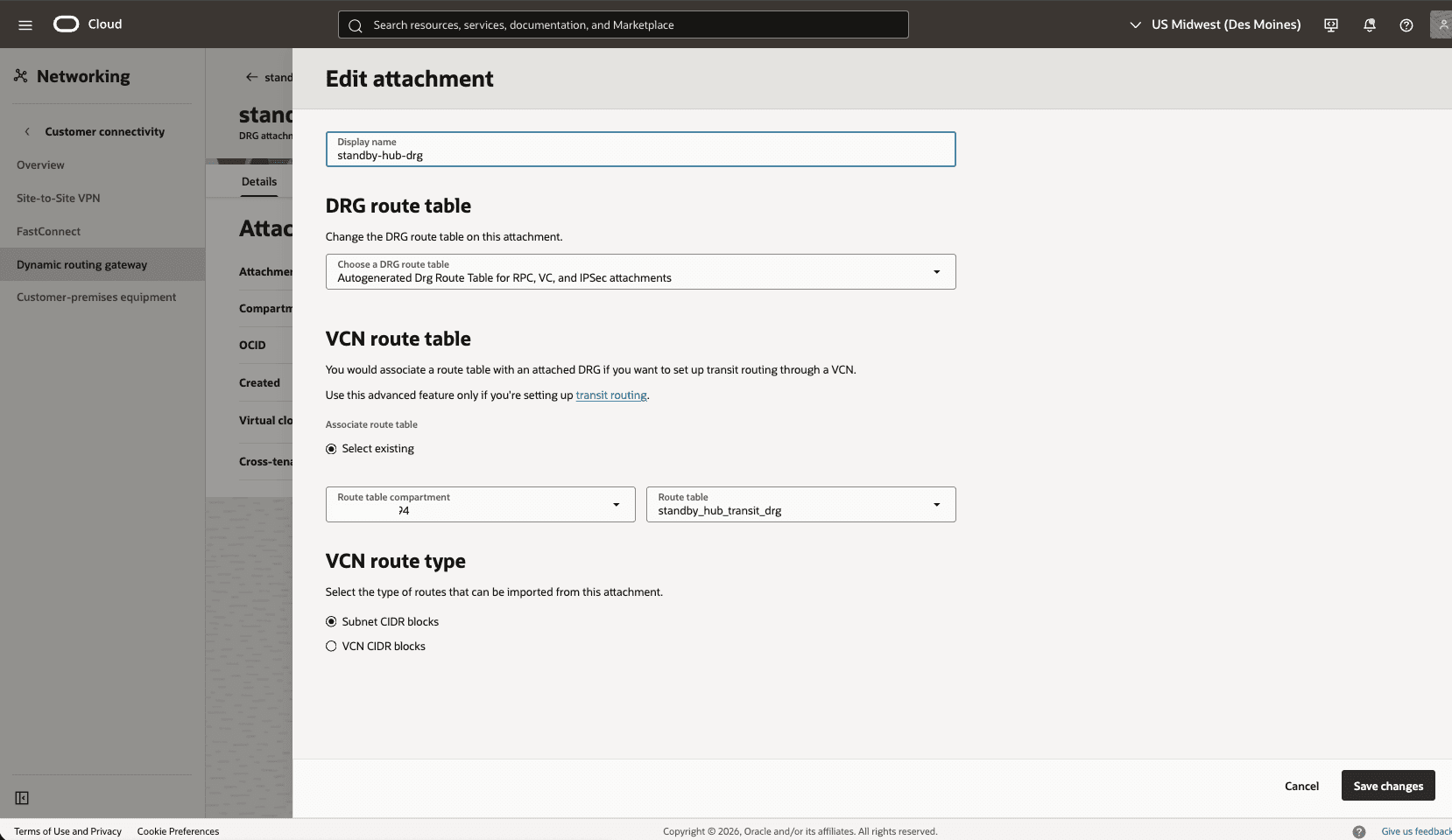 This screenshot shows how to configure the network in the standby region.