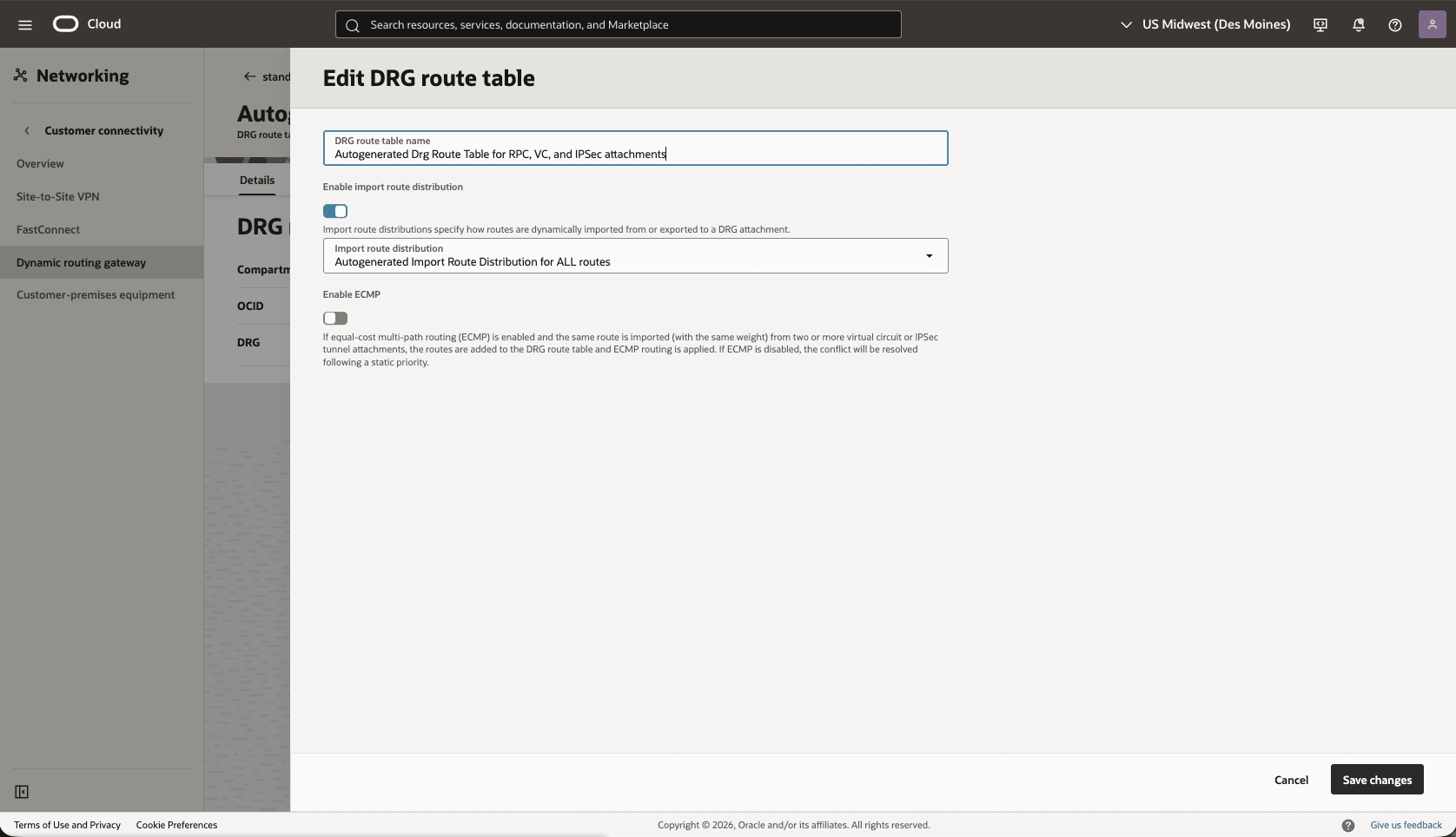 This screenshot shows how to configure the network in the standby region.