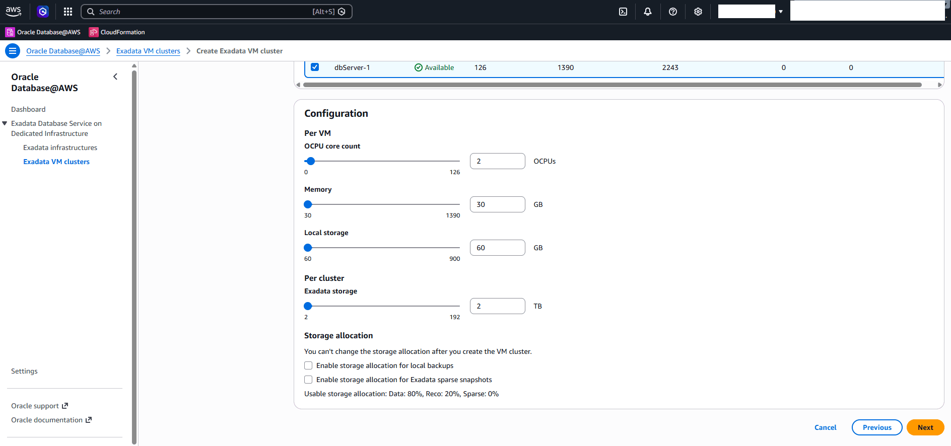 This screenshot shows the second part of creating an Exadata VM Cluster.