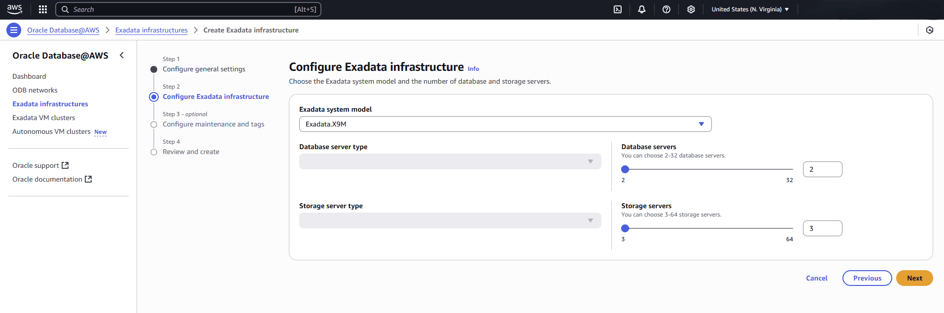 This screenshot shows the second part of creating an Exadata Infrastructure.
