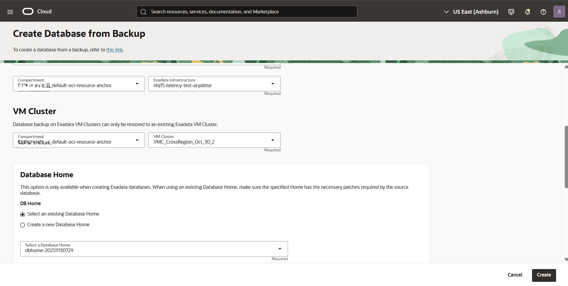 This screenshot shows how to create a database from backup.