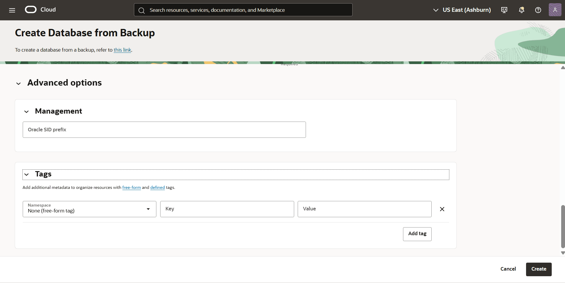 This screenshot shows how to create a database from backup.
